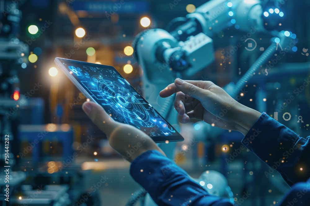Aufkleber an engineer uses a digital tablet to control a robotic arm in a high-tech industrial environment.