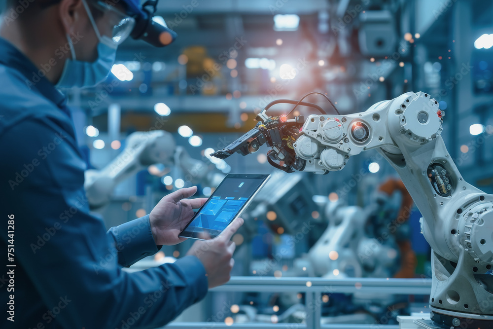 Poster an engineer uses a digital tablet to control a robotic arm in a high-tech industrial environment.