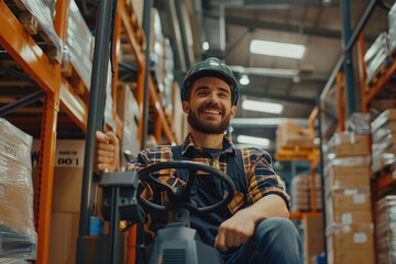 Happy male warehouse worker driving pallet jack