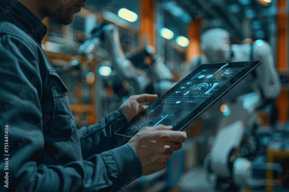 Aufkleber an engineer uses a digital tablet to control a robotic arm in a high-tech industrial environment.