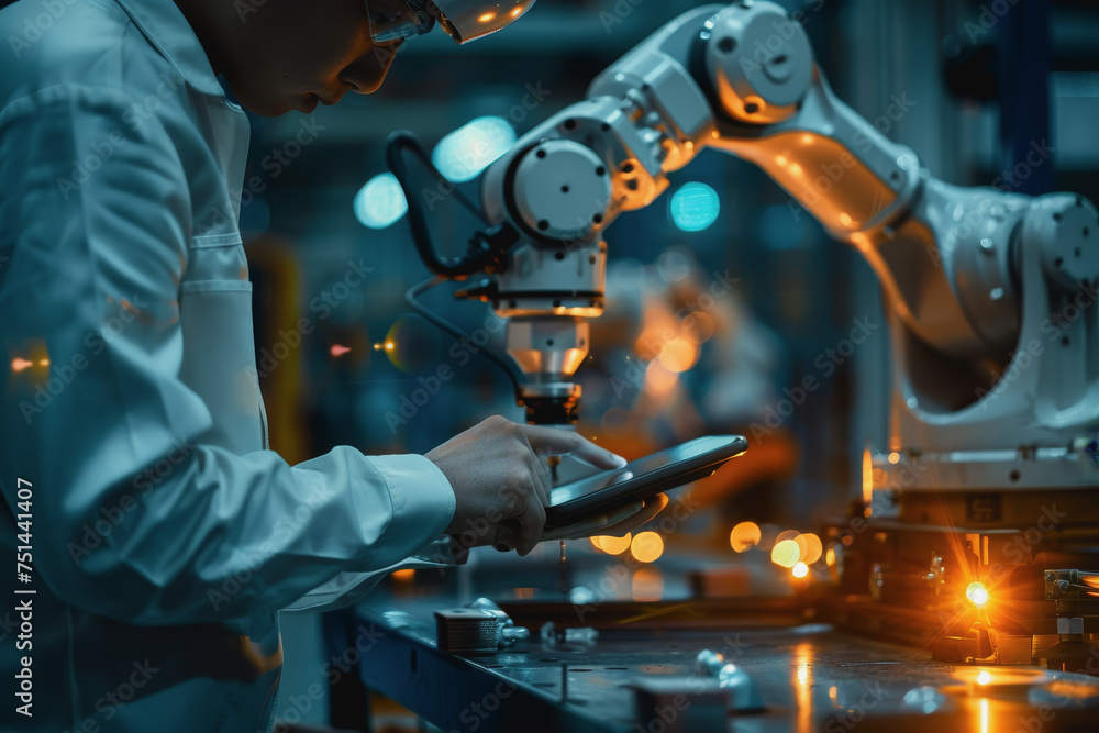 Poster an engineer uses a digital tablet to control a robotic arm in a high-tech industrial environment.