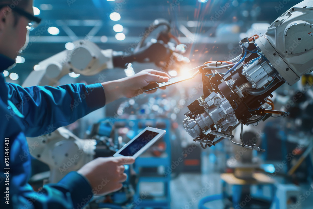 Poster an engineer uses a digital tablet to control a robotic arm in a high-tech industrial environment.