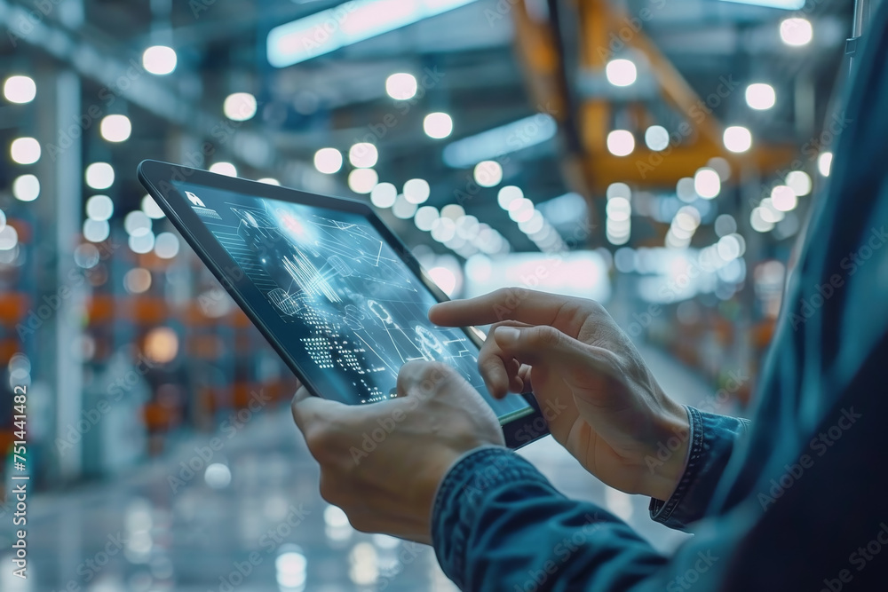 Poster an engineer uses a digital tablet to control a robotic arm in a high-tech industrial environment.