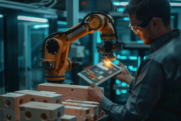 Fototapeta premium An engineer uses a digital tablet to control a robotic arm in a high-tech industrial environment.