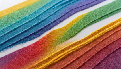 Close up of stripes of rainbow coloured sand and copy space on white background