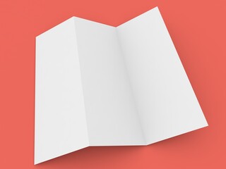 Empty blank paper brochure on red background. 3d render illustration.