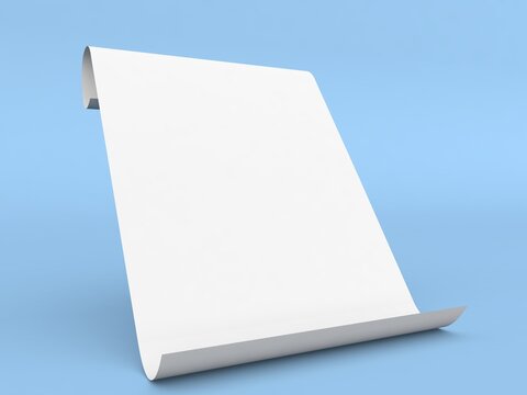 Curved office sheet of A4 paper on a  blue background. 3d render illustration.