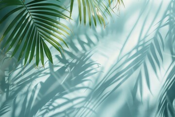 A leafy palm tree casts a shadow on a blue wall - obrazy, fototapety, plakaty