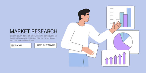 Businessman research market and search solutions, strategies and ways of company business improvement. Economic insight, sales prediction, data collection and management. Flat vector illustration.