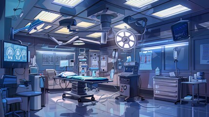 Surgical Room Details: A detailed illustration of a surgical room, shedding light on the precise equipment used in surgical procedures and showcasing the coordination of surgical staff during medical  - obrazy, fototapety, plakaty