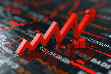 Financial crisis down 3d red arrow economy business graph on money crash market background.
