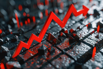 Financial crisis down 3d red arrow economy business graph on money crash market background. - obrazy, fototapety, plakaty