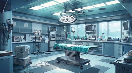 Surgical Room Details: A detailed illustration of a surgical room, shedding light on the precise equipment used in surgical procedures and showcasing the coordination of surgical staff during medical 