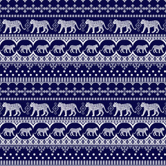 Tiger Leopard animal graphics vintage Indian ethnic traditional. Fok tribal ornament seamless pattern on indigo navy can be used for color