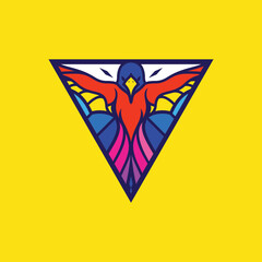 Premium, Modern, Playful, Fun, Multi Colored Baroque Style Bird With Triangle  Shape  On Yelow Background