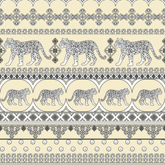 Tiger Leopard animal black outline  seamless border pattern with ornate Indian ethnic tribal  ornaments folklore on a cream background.