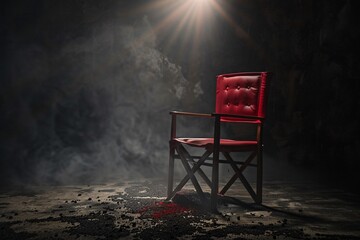 a red chair in a dark room with smoke and light