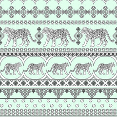 Tiger Leopard animal black outline  seamless border pattern with ornate Indian ethnic tribal  ornaments folklore on a blue background.