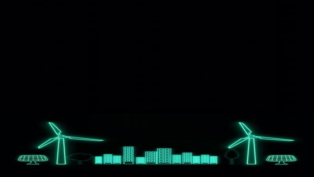 Green energy concept animated background. Neon Light Alternative energy and eco friendly neon animated icons Isolated on Black background. Eco Friendly City landscape animation.