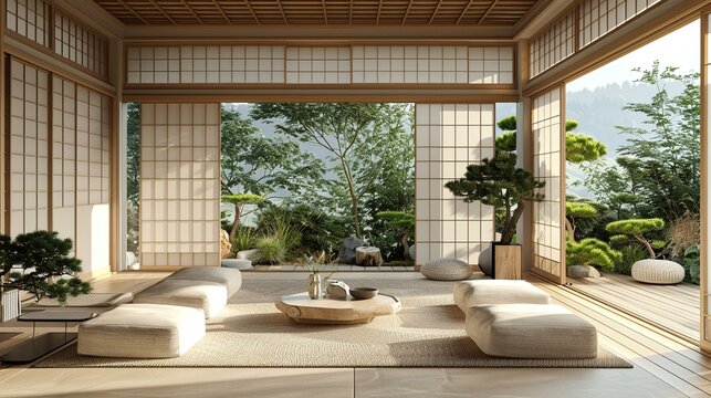 3d interior of a Japandi style interior living room a design with simplicity, natural elements, and minimalism