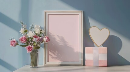 a vertical photo frame of size 11x14 inches stands on the table, next to the frame there is a heart-shaped gift box and a bouquet of flowers, photorealistic style  