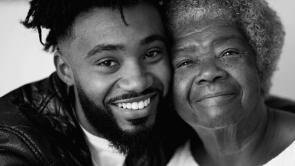 Joyful Generational Portraits Elderly Grandmother in 80s with Smiling Adult Son in 20s, monochrome...