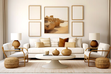 Boho style home interior design of modern living room.