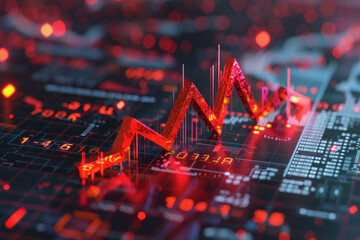 Financial crisis down 3d red arrow economy business graph on money crash market background. - obrazy, fototapety, plakaty