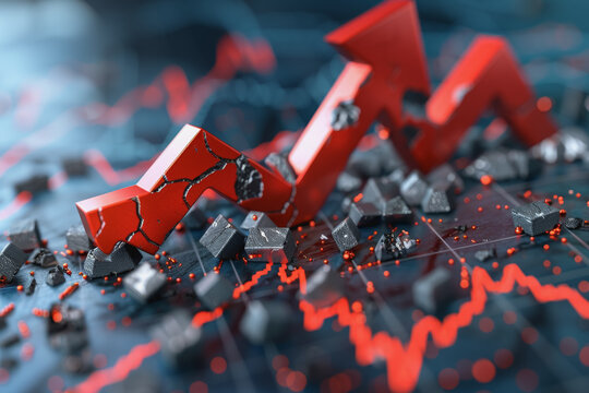 Financial crisis down 3d red arrow economy business graph on money crash market background.