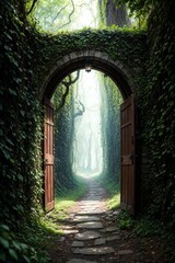 3d rendering of a fantasy doorway portal framed by green vines leading into a idyllic garden. Generative A - 751443083