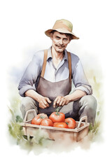 Watercolor sketch of man farmer holding box of tomatos  in his hands - 751443213