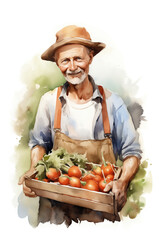 Watercolor sketch of man farmer holding box of vegetables  in his hands - 751443215