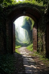 Obraz premium 3d rendering of a fantasy doorway portal framed by green vines leading into a idyllic garden. Generative A