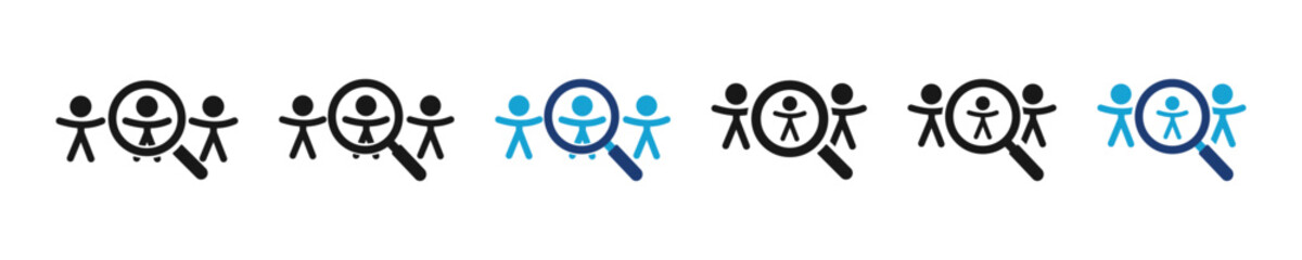 Simple icon find man. Modern sign seek human. Loupe search team symbol. Lens person in vector design style