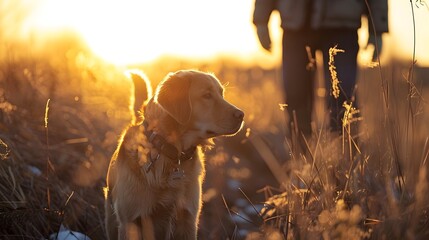 Golden Retriever in a Field at Sunset