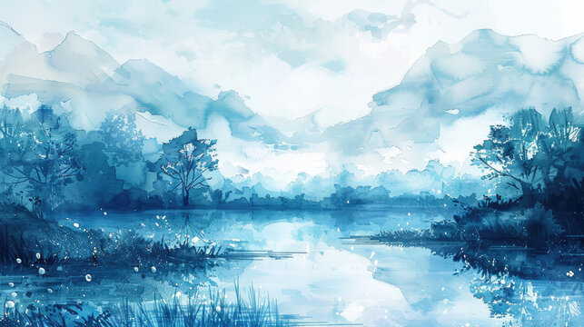 landscape in Cerulean Blue watercolor style
