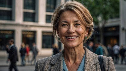 Elegante donna di 50 anni che lavora nel distretto finanziario di Londra sorridente prima di iniziare la giornata di lavoro - obrazy, fototapety, plakaty