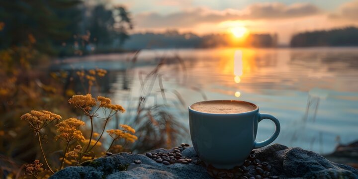 Coffee Cup on a Rock at Sunset by the Lake, To provide a calming and peaceful image of a coffee cup at sunset by the lake