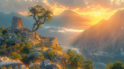 Advanced HDR Illumination of Inca Temple Ruins: Capturing the Warm Glow of Golden Hour Sunlight