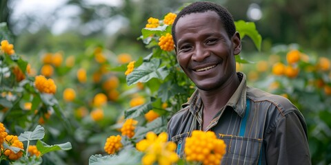 Senior African Farmers in Field of Flowers, To showcase the wisdom and resilience of senior farmers in Africa, promoting the beauty and importance - obrazy, fototapety, plakaty