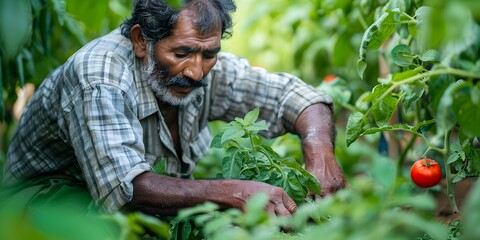 Elderly Man Harvesting Tomatoes in Indian Garden, To showcase the beauty and significance of traditional Indian farming practices and the connection