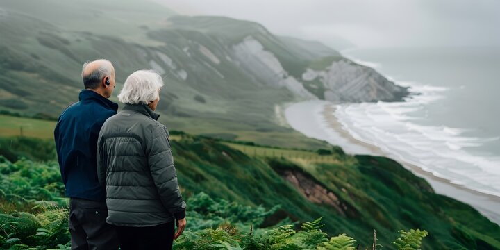 Elderly Couple Overlooking the Ocean in Traditional British Landscape Style, To convey a sense of relaxation and peace in coastal retirement living