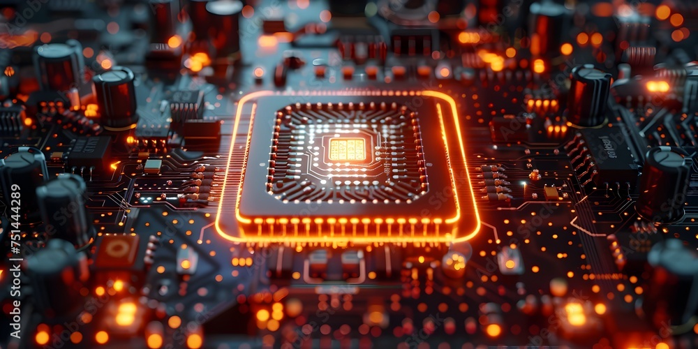 Poster hyper-detailed computer chip with orange glow, to showcase the advancements in computer technology a