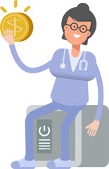 Female Doctor Character Sitting on Safe and Holding Dollar Coin
