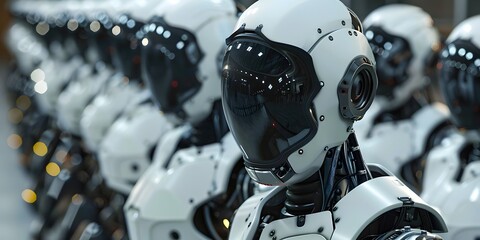 Line of Futuristic Robots Waiting to Work, To showcase the advanced capabilities and sleek design of modern robotics and automation in a futuristic