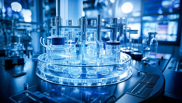 The Image Shows A Carousel Of Glass Beakers Filled With Blue Liquid