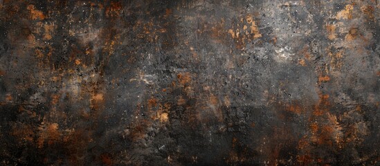 A black and brown wall covered in rust is captured up close, showcasing the rough textures and decay. The rust stains add depth to the grungy surface, creating a gritty and weathered appearance. - obrazy, fototapety, plakaty