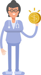 Female Doctor Character Holding Dollar Coin

