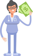 Female Doctor Character Holding Dollar Banknotes
