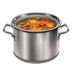 Stainless Steel Pot Filled With Vegetable Soup , Transparent Background, Cut Out